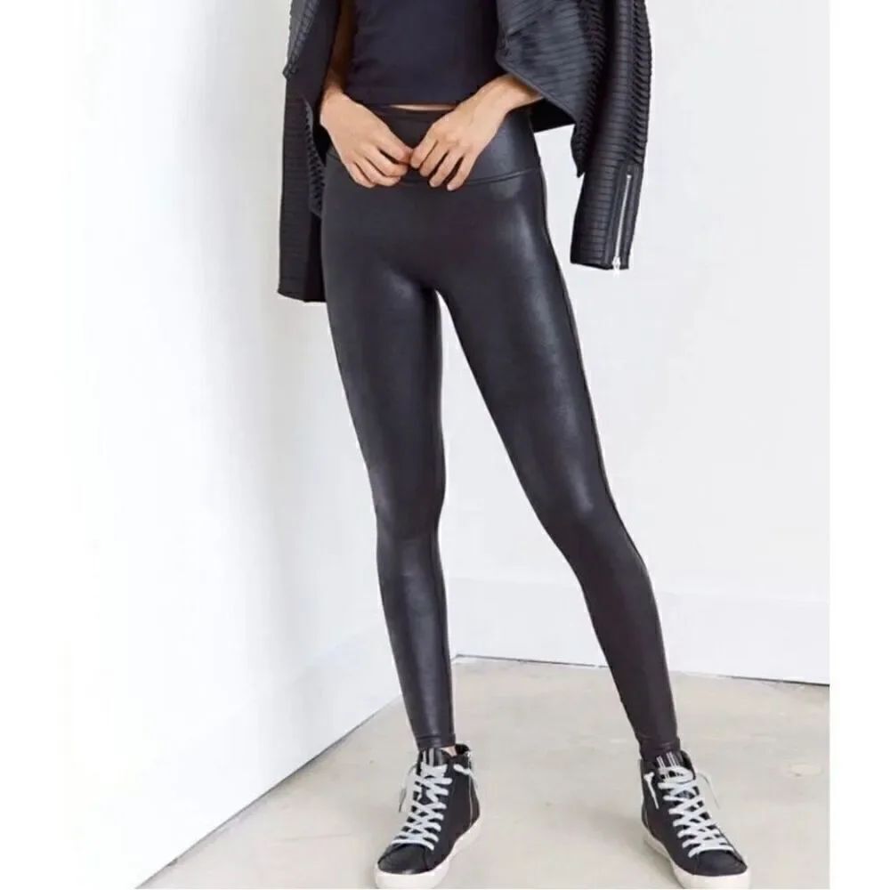 SPANX Faux Leather Leggings Black Size Small Stretch Slimming